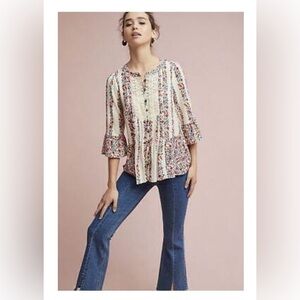 Anthropologie Maeve Floral Hiver Ivory Blouse Lace Button up Top Women's Size 8